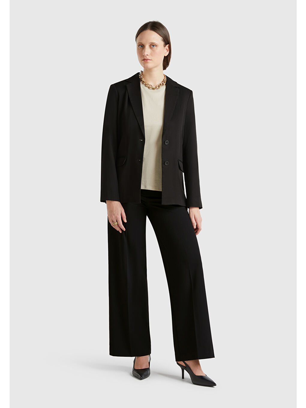 Kadın Siyah Streç Kumaşlı Yüksek Bel Wide Leg Pantolon-4