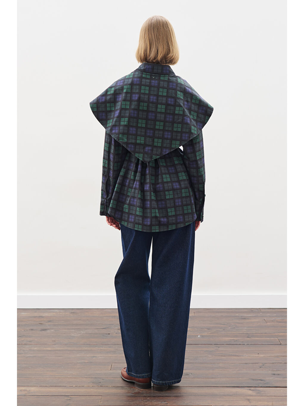 Üçgen Fularlı Oversıze Gömlek Ekose Lacivert-7