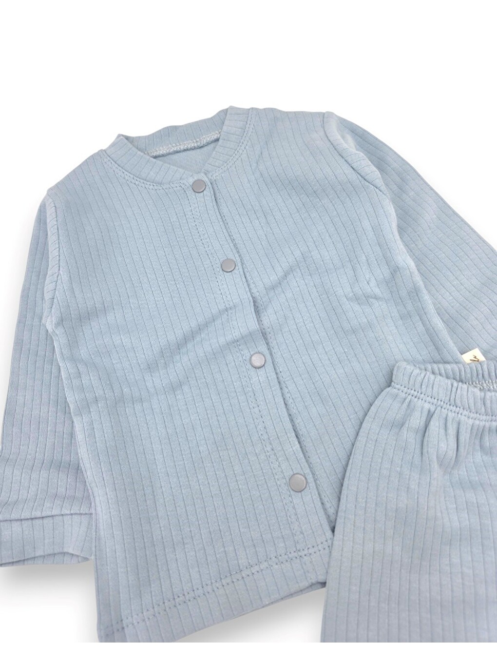 İndigo Çıtçıtlı %100 Pamuk Yenidoğan Fitilli Alt Üst Pijama Takım-2