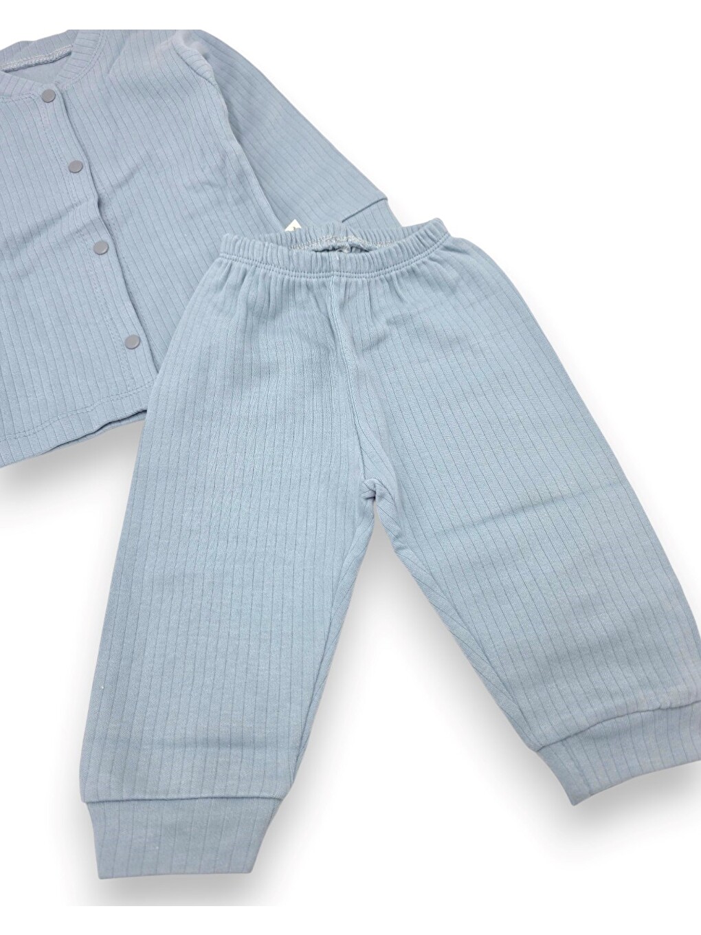 İndigo Çıtçıtlı %100 Pamuk Yenidoğan Fitilli Alt Üst Pijama Takım-3