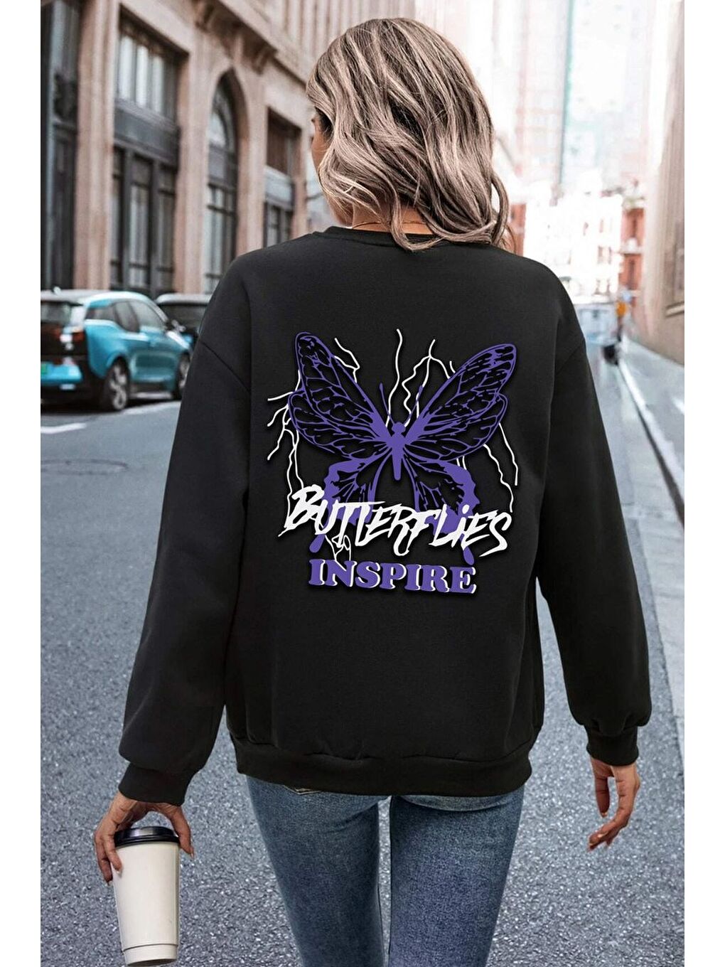 uyguntarz Siyah Unisex Butterfly & Letter Graphic Baskılı Bisiklet Yaka Sweatshirt