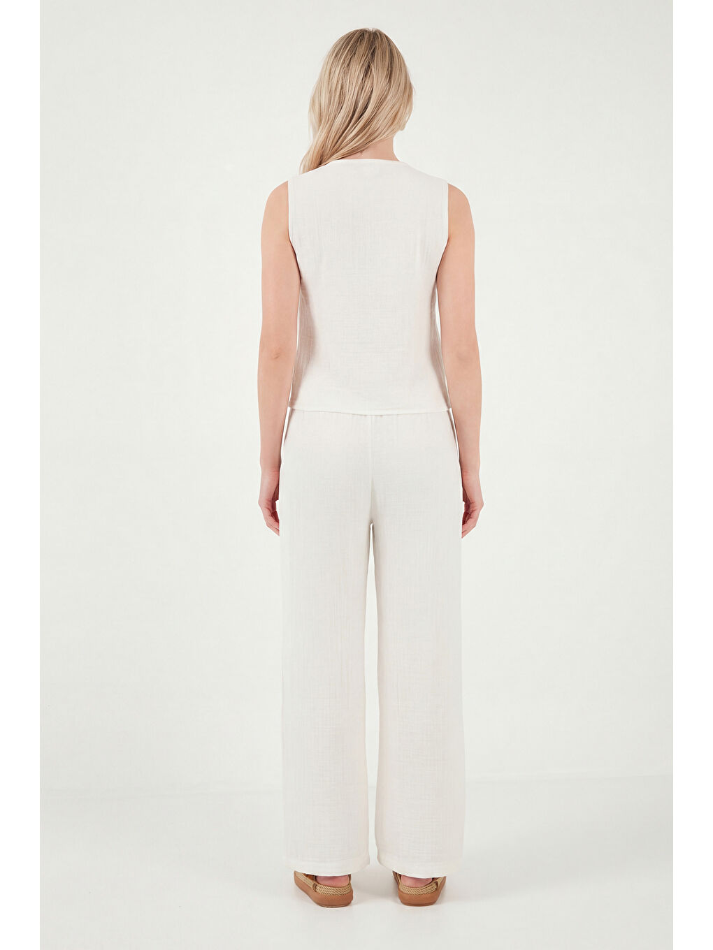 Ekru Pamuklu Regular Fit Bağlama Detaylı Alt-Üst Müslin Takım 5866660-6