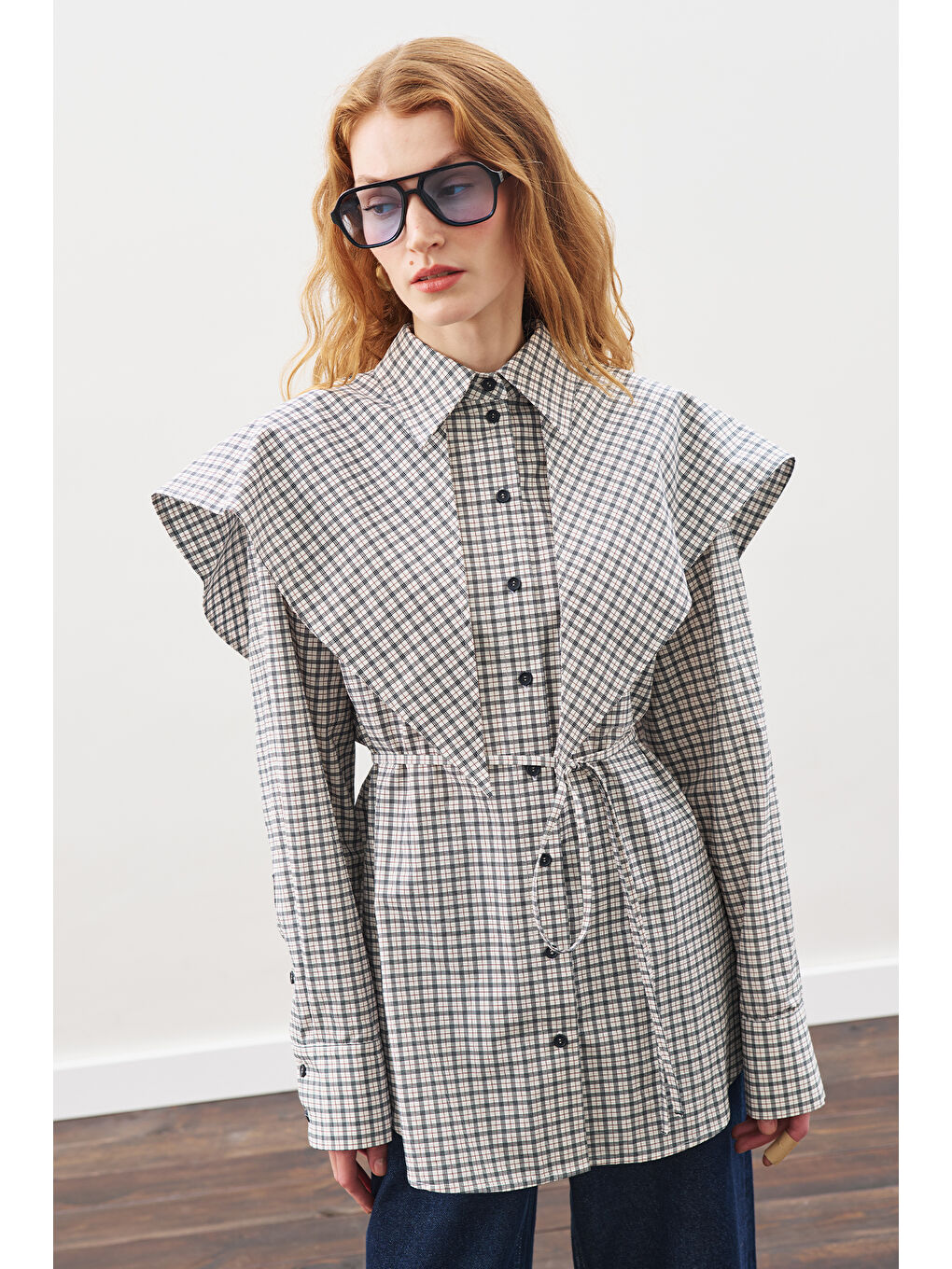 Üçgen Fularlı Oversıze Gömlek Ekose Mavi-1