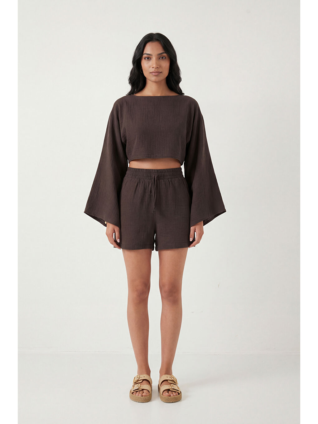 Kahverengi Pamuklu Comfort Fit Yuvarlak Yaka Şortlu Kadın Müslim Takım 5866317-2