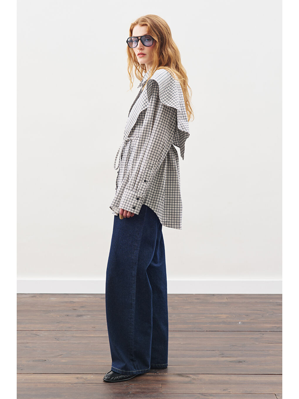 Üçgen Fularlı Oversıze Gömlek Ekose Mavi-2