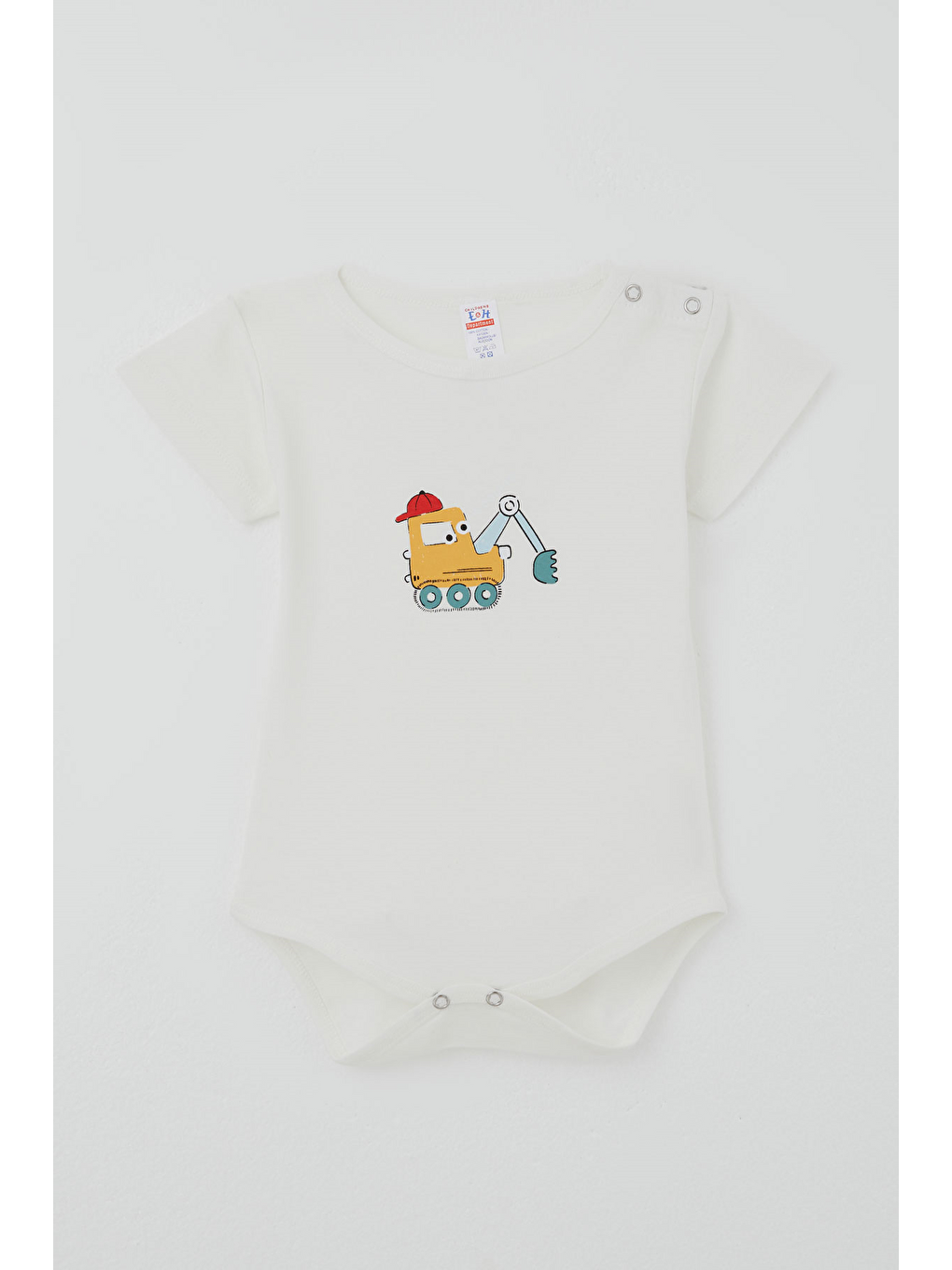 Erkek Çocuk Çıtçıtlı Kısa Kollu Zıbın Body Şapkalı Sevimli İş Makinesi Baskılı Ekru (1-3 Yaş)