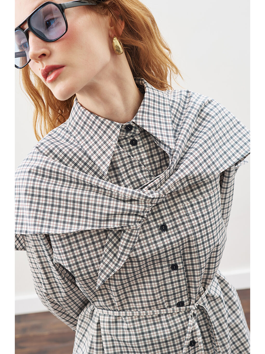 Üçgen Fularlı Oversıze Gömlek Ekose Mavi-3