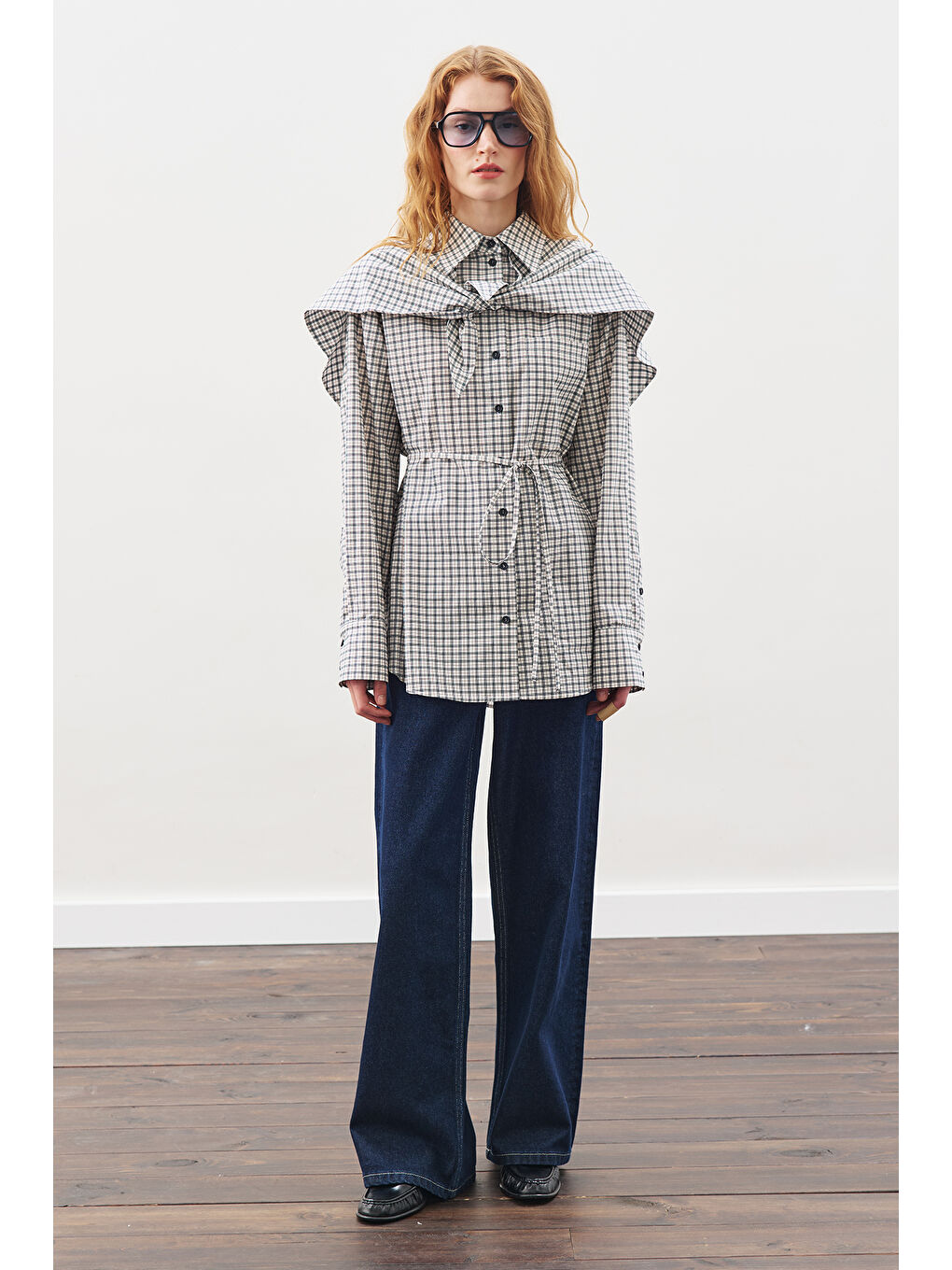 Üçgen Fularlı Oversıze Gömlek Ekose Mavi-4