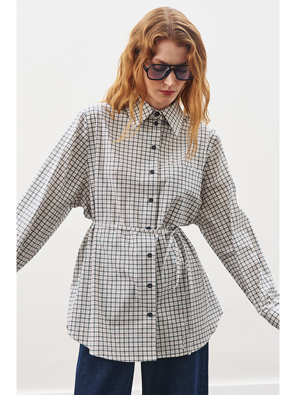 Üçgen Fularlı Oversıze Gömlek Ekose Mavi-5