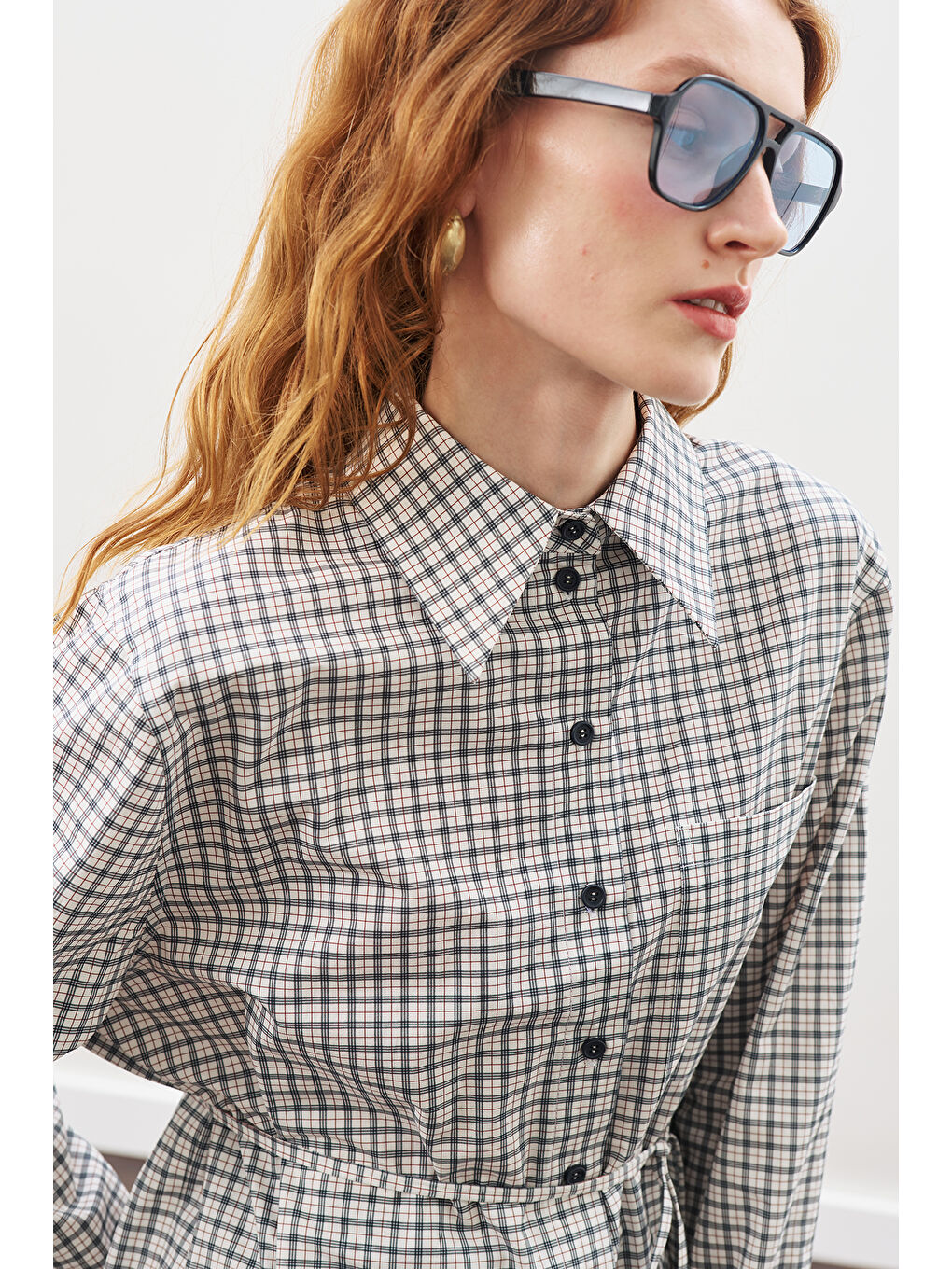 Üçgen Fularlı Oversıze Gömlek Ekose Mavi-6