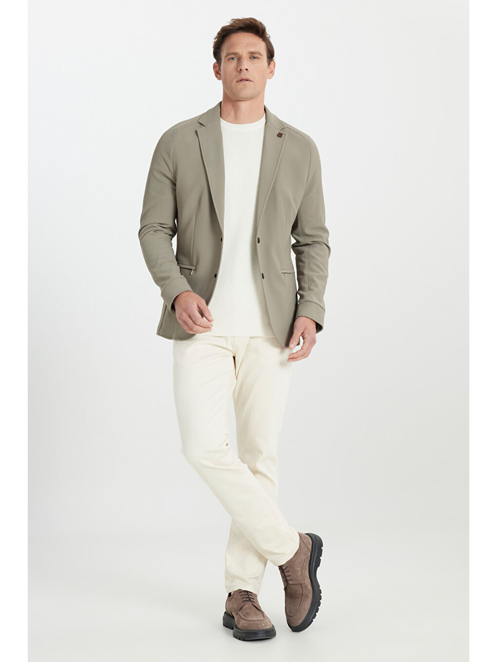 Bej Erkek Vizon Slim Fit Dar Kesim Mono Yaka Fermuarlı Cepli Takım Elbise Ceketi-1