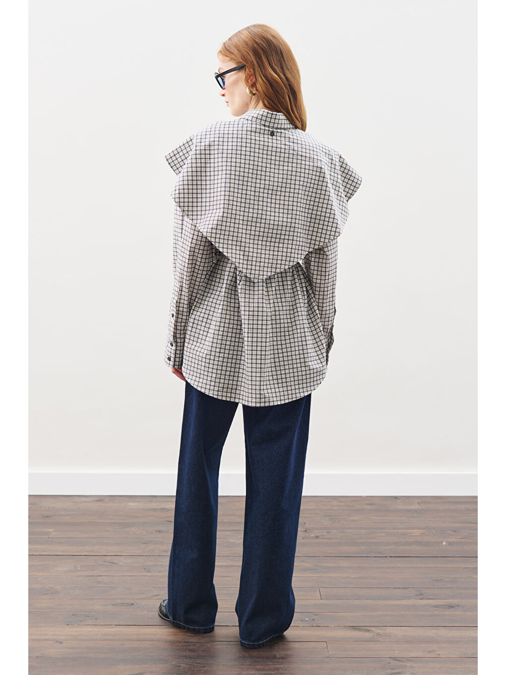 Üçgen Fularlı Oversıze Gömlek Ekose Mavi-7