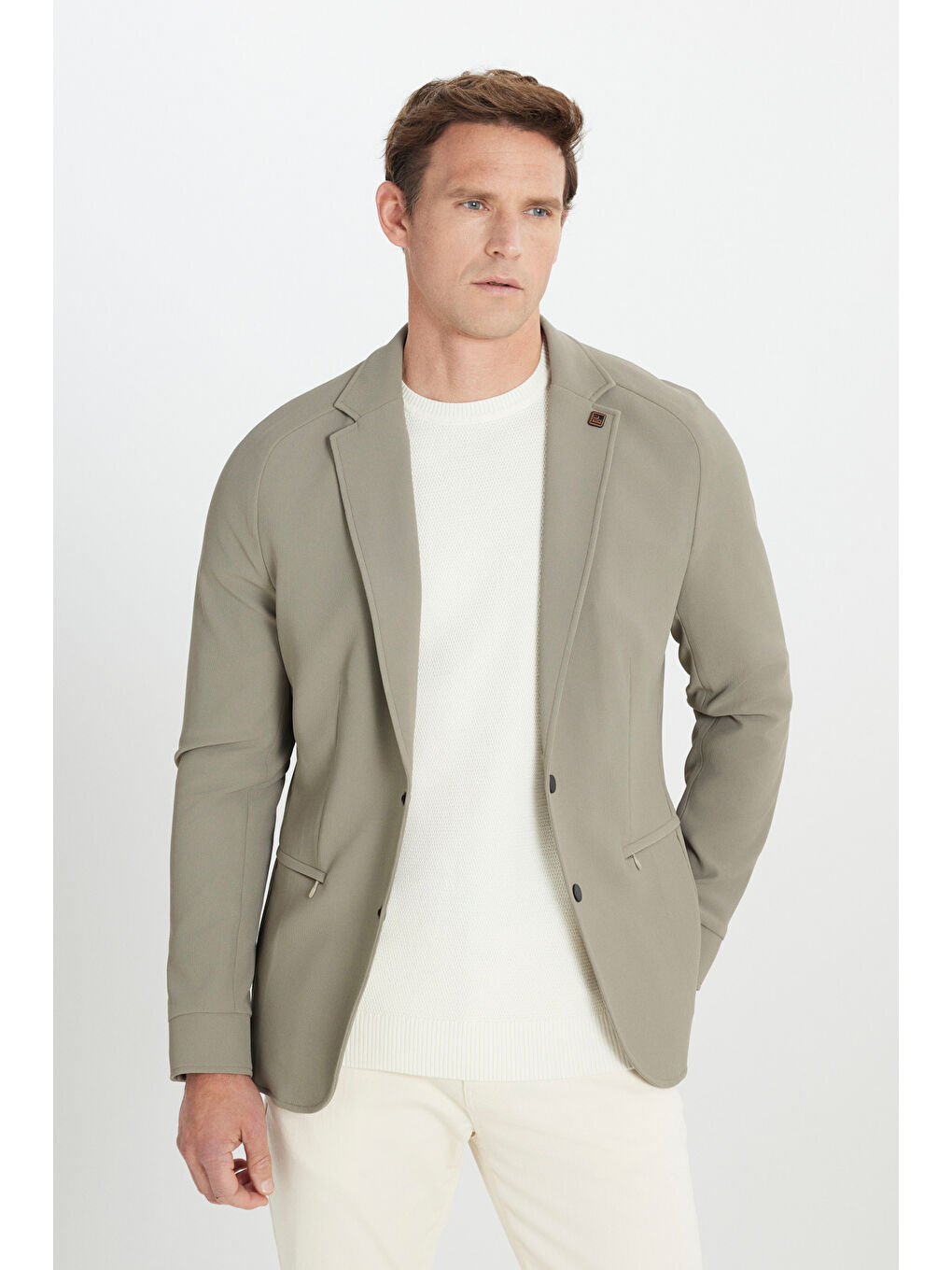 Bej Erkek Vizon Slim Fit Dar Kesim Mono Yaka Fermuarlı Cepli Takım Elbise Ceketi-2