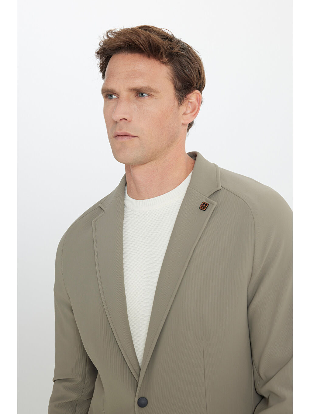 Bej Erkek Vizon Slim Fit Dar Kesim Mono Yaka Fermuarlı Cepli Takım Elbise Ceketi-3