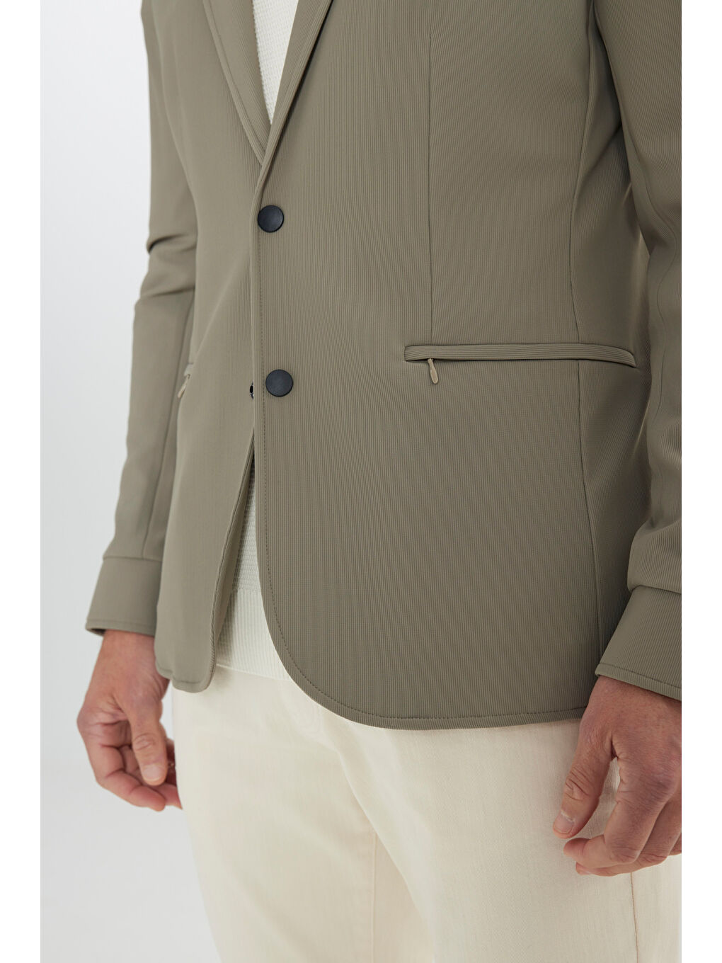 Bej Erkek Vizon Slim Fit Dar Kesim Mono Yaka Fermuarlı Cepli Takım Elbise Ceketi-4