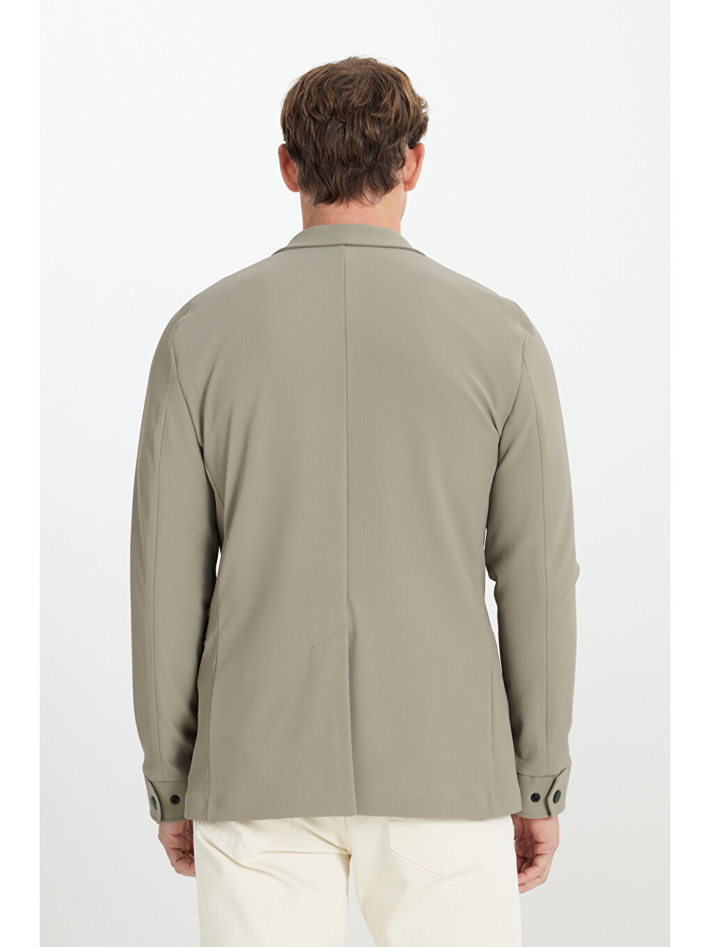 Bej Erkek Vizon Slim Fit Dar Kesim Mono Yaka Fermuarlı Cepli Takım Elbise Ceketi-5