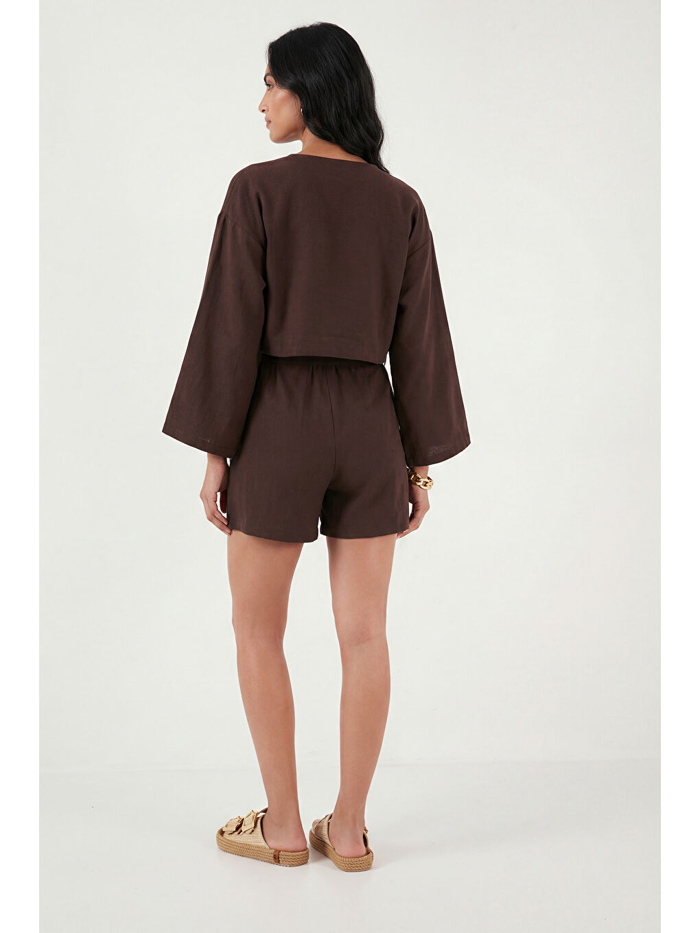 Kahverengi Pamuklu Comfort Fit Yuvarlak Yaka Şortlu Kadın Müslim Takım 5866317-6