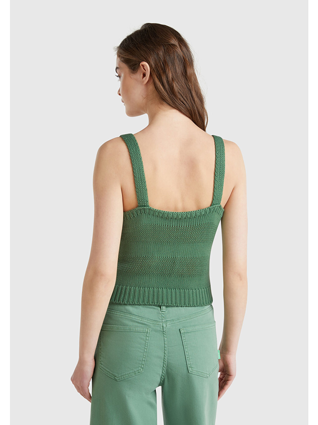 Kadın Açık Yeşil %100 Pamuk Şerit Efektli Örme Relax Fit V Yaka Triko Atlet-2