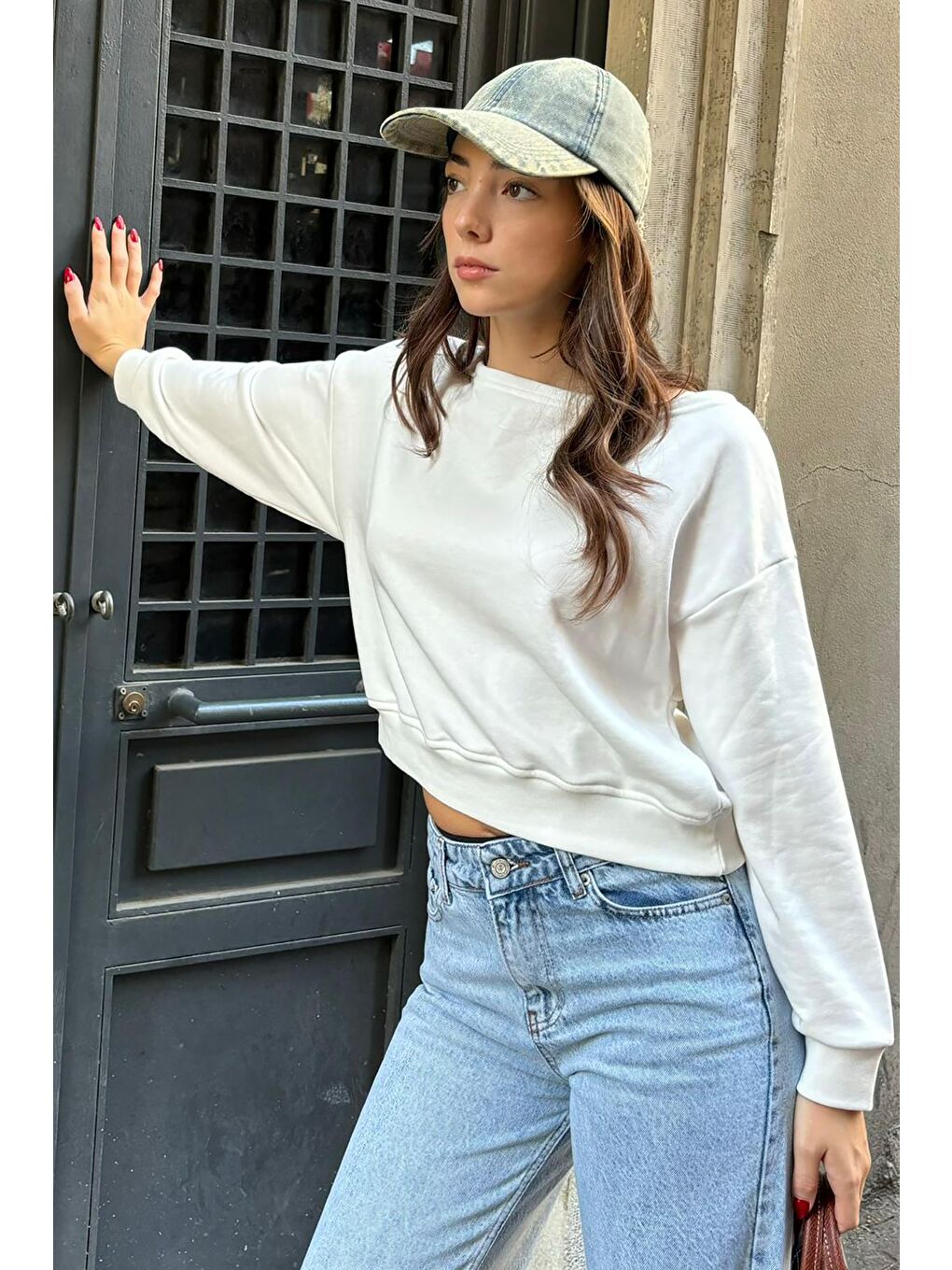 Madmext Ekru Kayık Yaka Kadın Sweatshirt Mg2208 - 1
