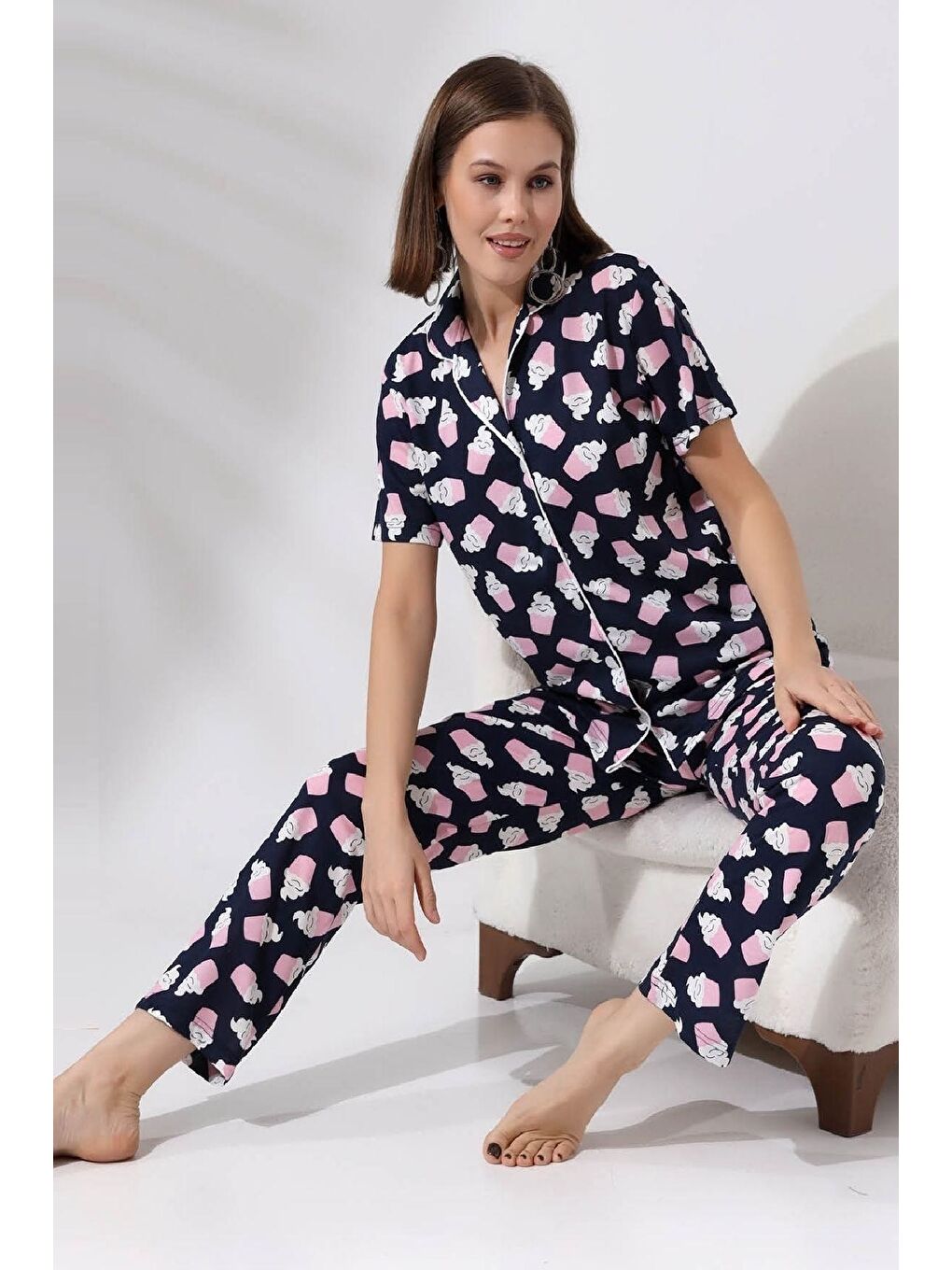 ENİSENA Lacivert Kadın Pijama Takımı-Pat Yakalı-Düğmeli-M-L-XL-2XL-0128Zmrm