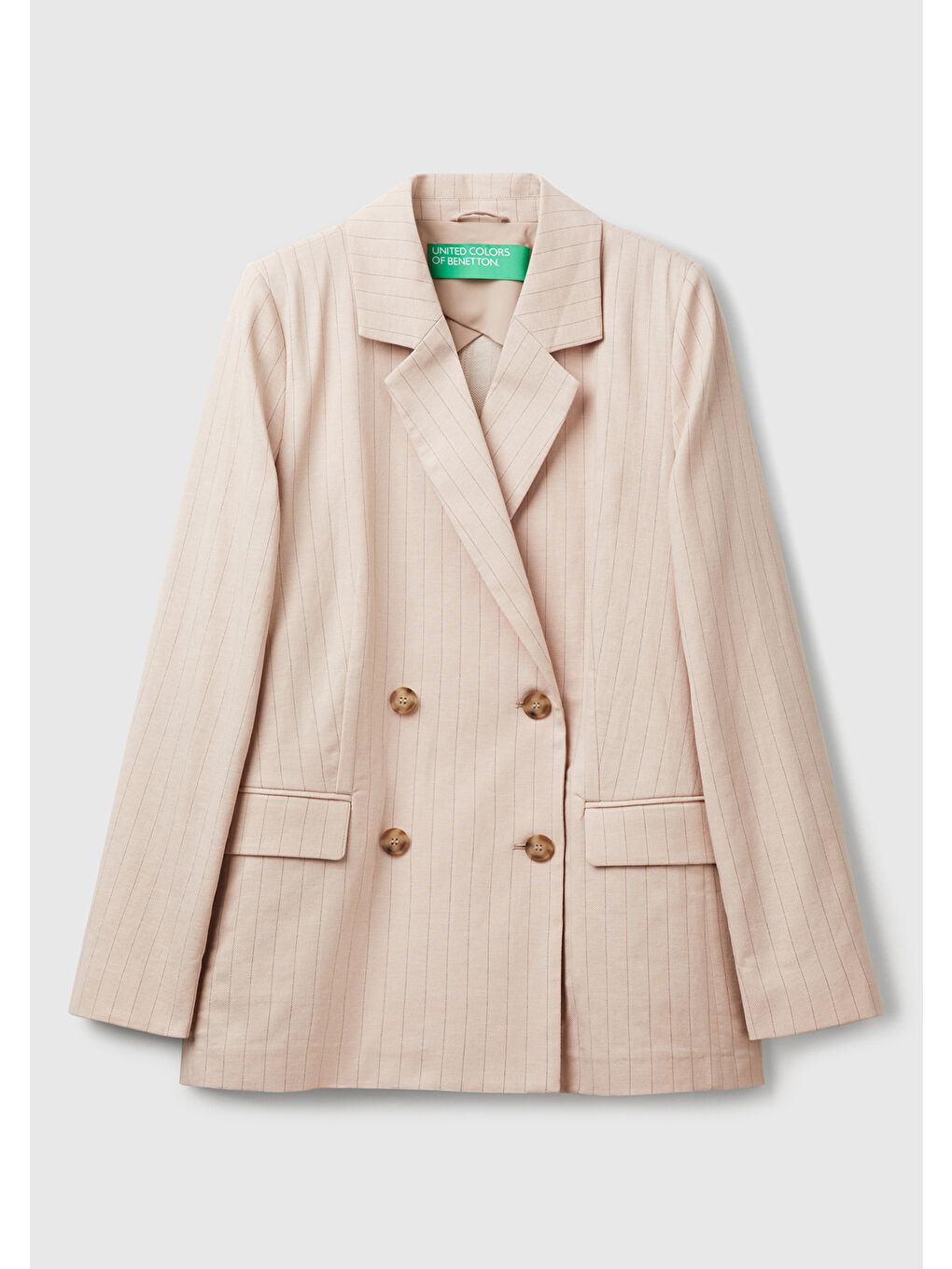 Kadın Bej Pamuk Ve Keten Karışımlı İnce Çizgili Relax Fit Ceket-1