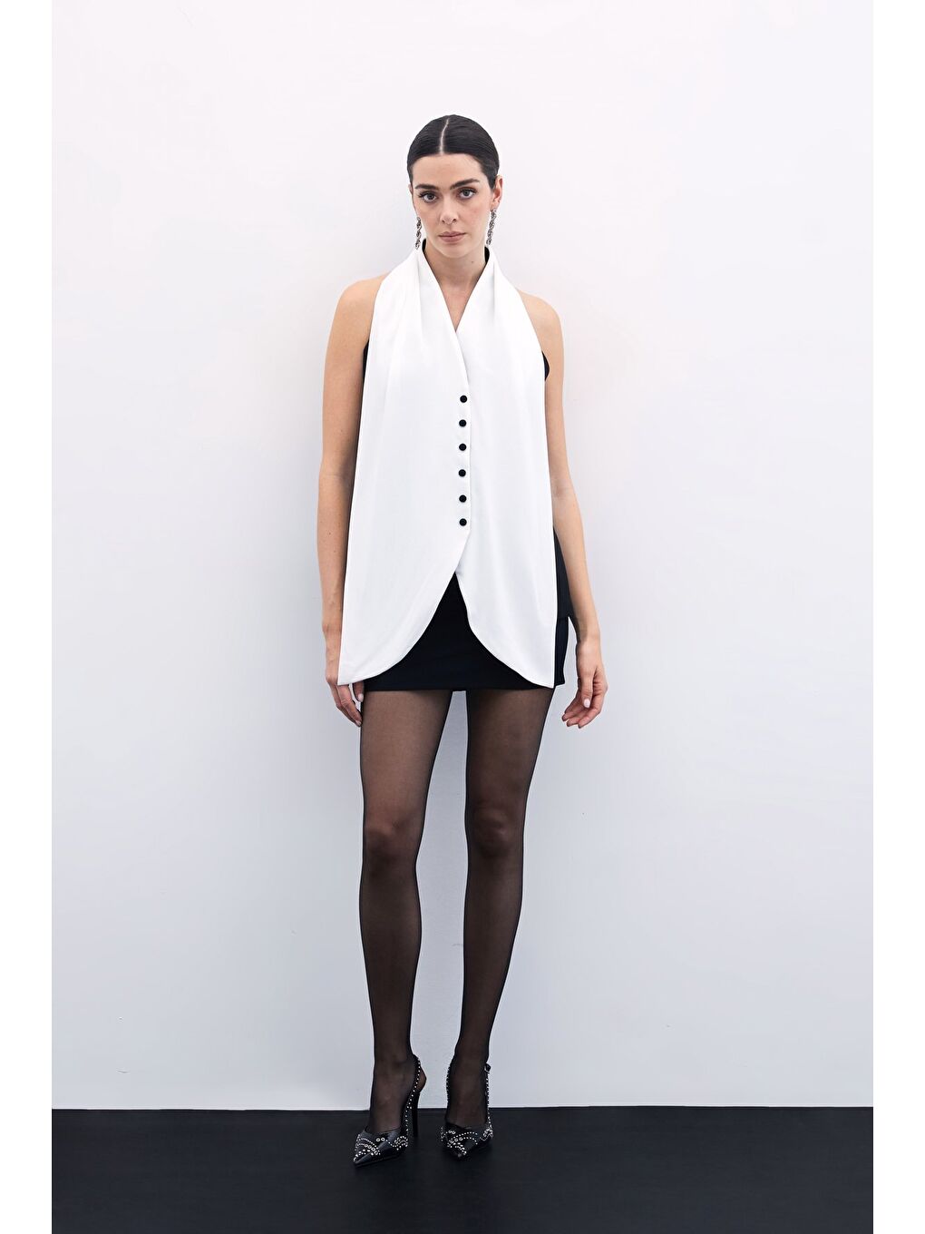 Şal Detaylı Yelek - Siyah-1