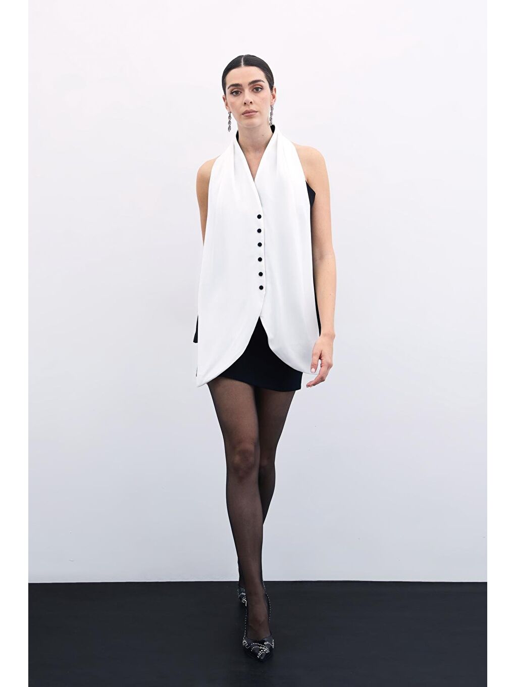 Şal Detaylı Yelek - Siyah-3