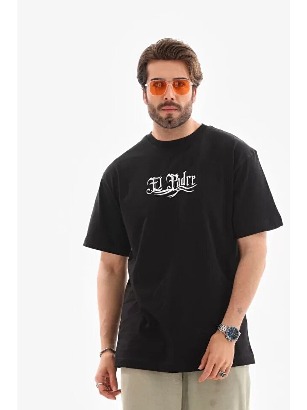 Unisex Bisiklet Yaka Baskılı Oversize T-Shirt - Siyah