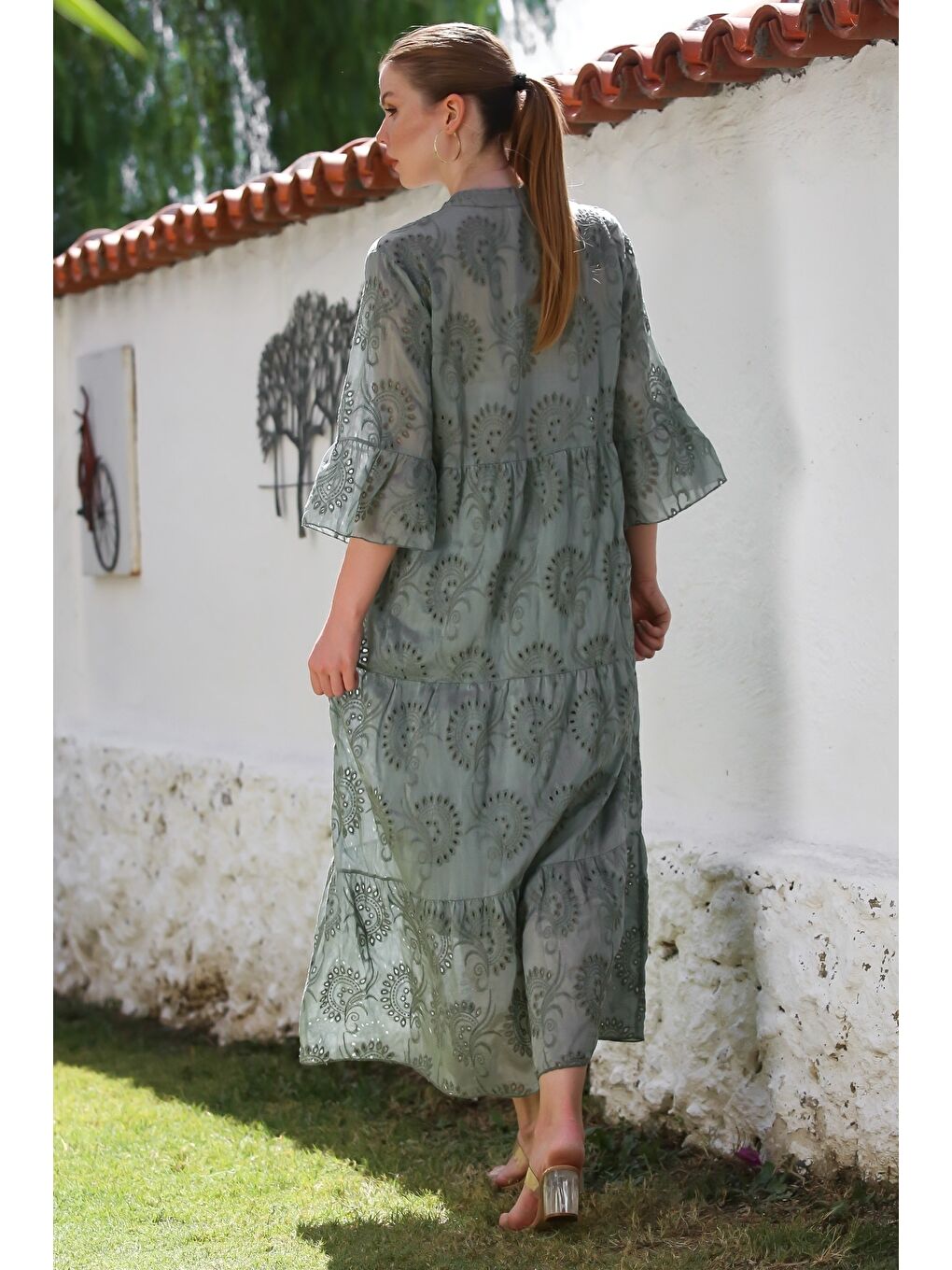 İtalyan Haki Hakim Yaka Fırfırlı Kol Düğmeli Astarlı Casual Fistolu Dokuma Elbise 130 56-1