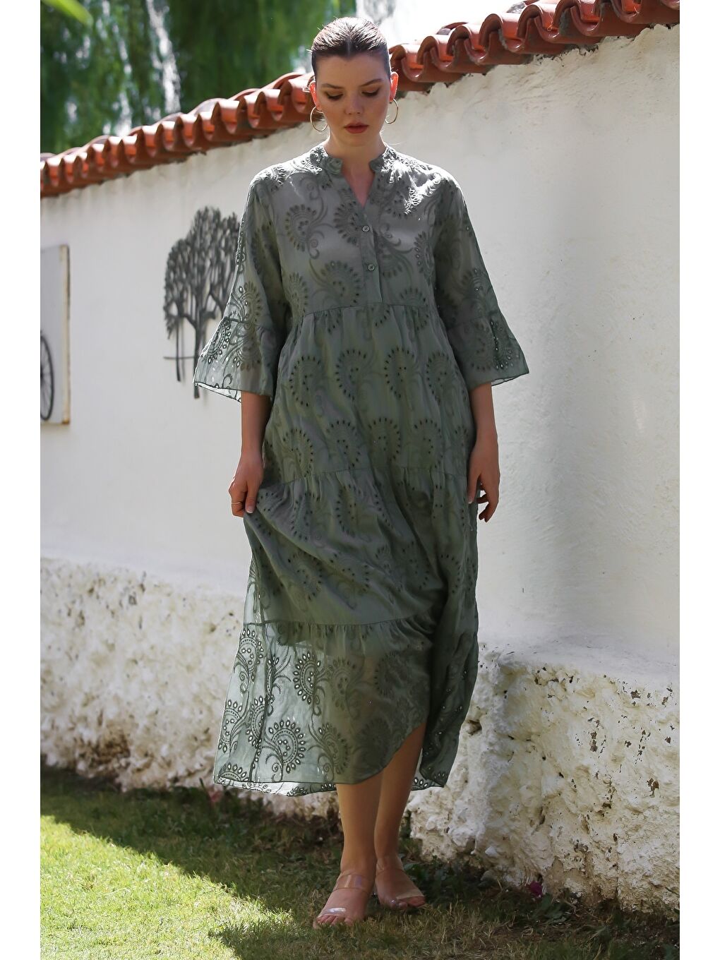 İtalyan Haki Hakim Yaka Fırfırlı Kol Düğmeli Astarlı Casual Fistolu Dokuma Elbise 130 56-3