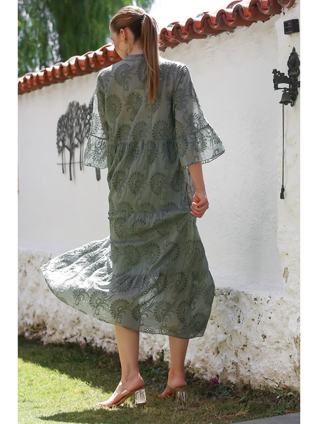 İtalyan Haki Hakim Yaka Fırfırlı Kol Düğmeli Astarlı Casual Fistolu Dokuma Elbise 130 56-5