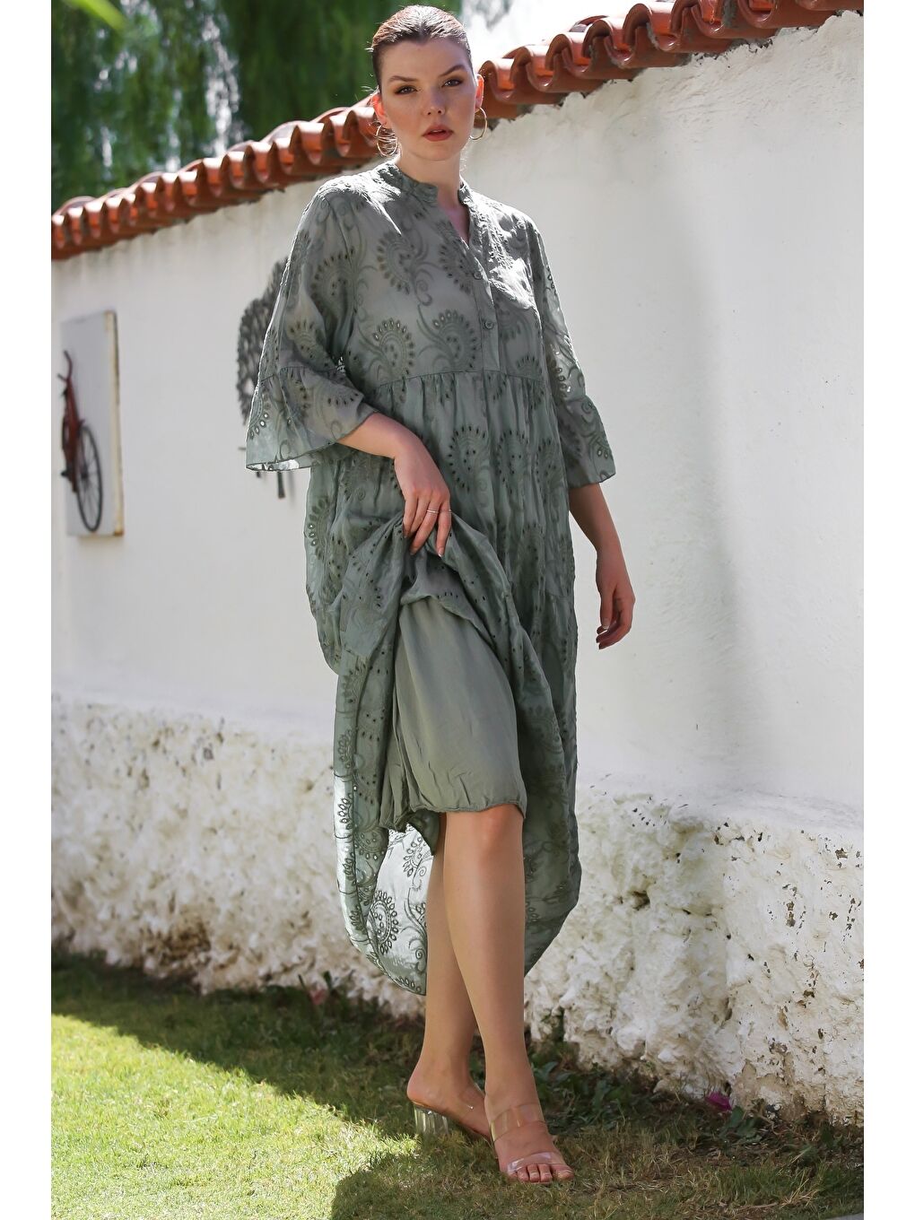 İtalyan Haki Hakim Yaka Fırfırlı Kol Düğmeli Astarlı Casual Fistolu Dokuma Elbise 130 56-6