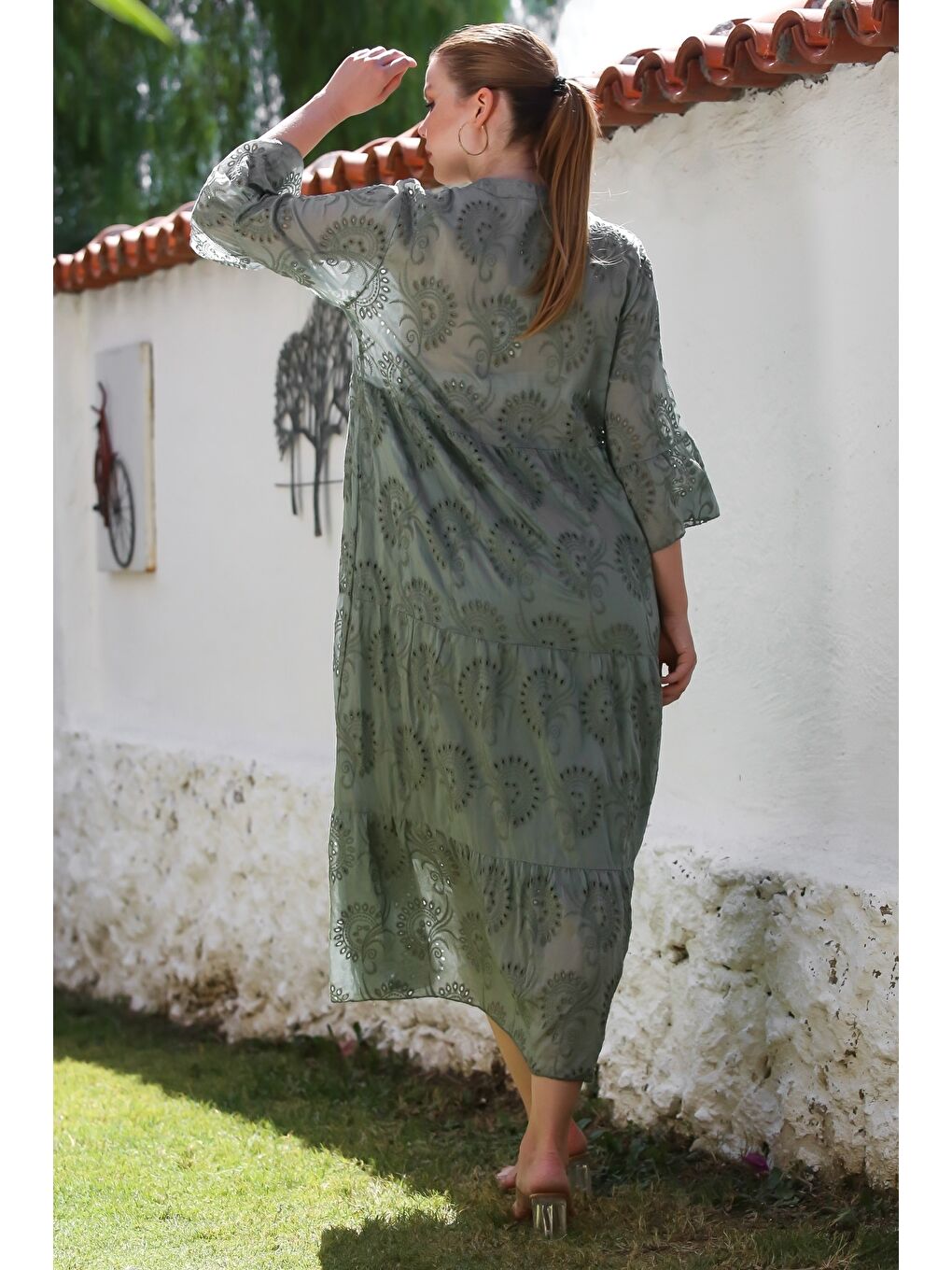 İtalyan Haki Hakim Yaka Fırfırlı Kol Düğmeli Astarlı Casual Fistolu Dokuma Elbise 130 56-7