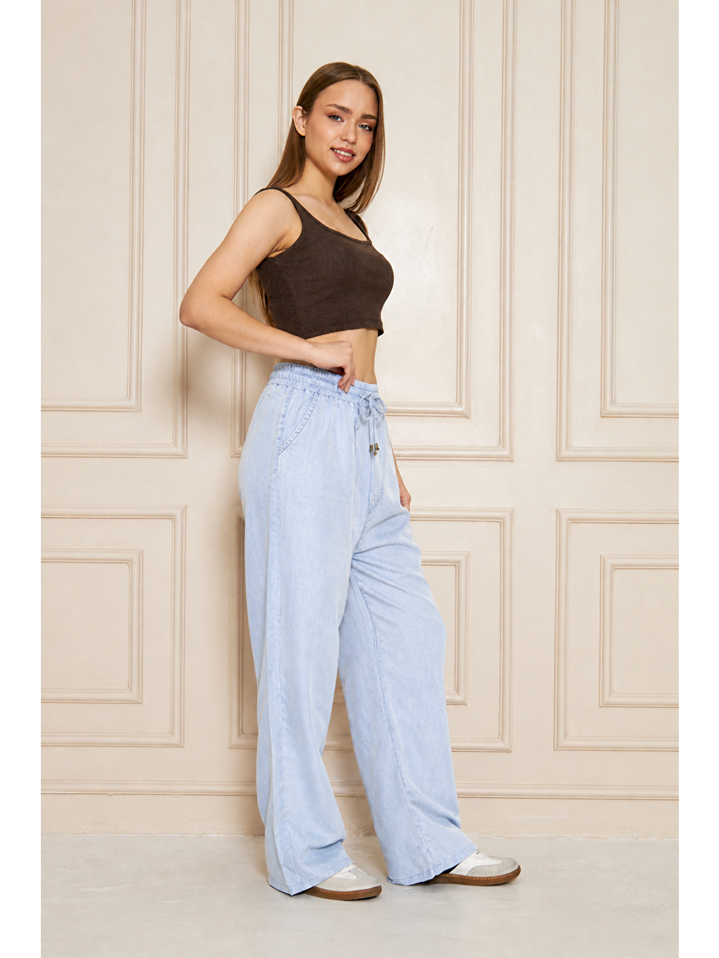 Kadın %100 Pamuklu Bol Paça B.Mavi Baggy Pantolon-1