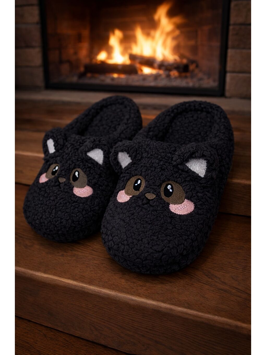 Siyah TEDDY BEAR Kadın Ev Terliği Kışlık Terlik Kauçuk Ses Yapmayan Taban