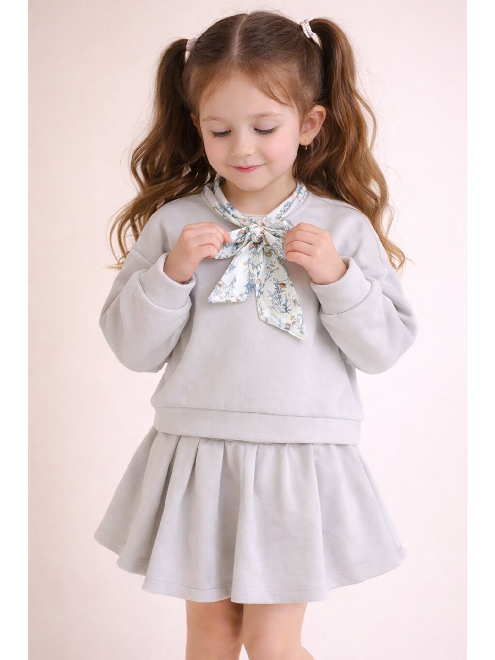 Bej Fular Detaylı Badili Etekli Kız Çocuk 2li Takım 23543