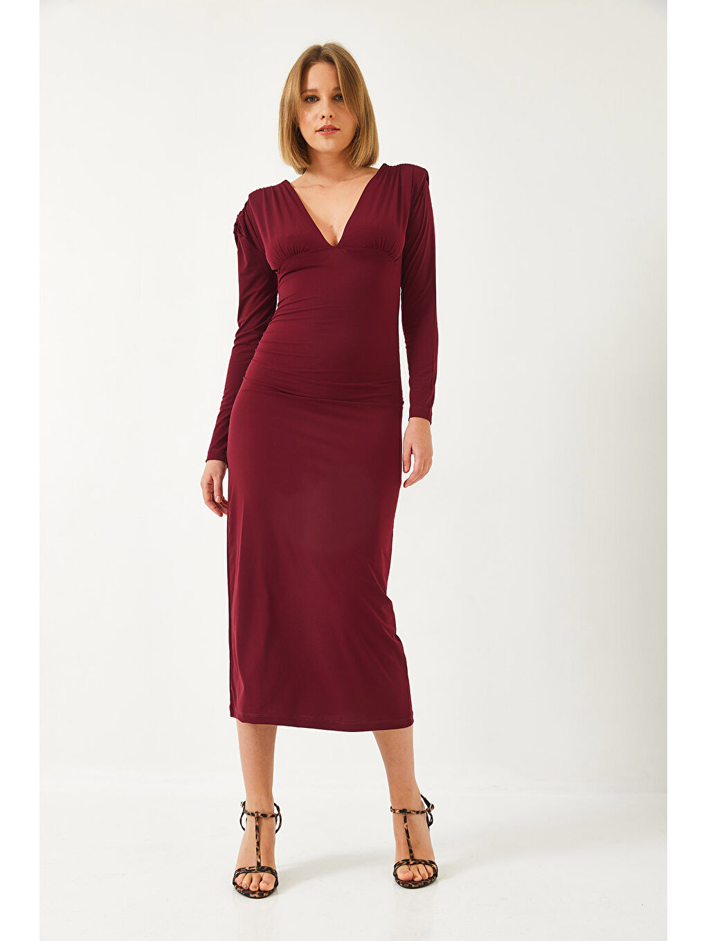 Bordo Kadın V Yaka Omuz Vatkalı Candy Kumaş Elbise-2