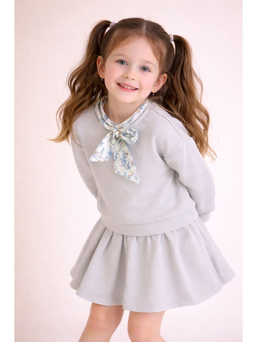 Bej Fular Detaylı Badili Etekli Kız Çocuk 2li Takım 23543-2