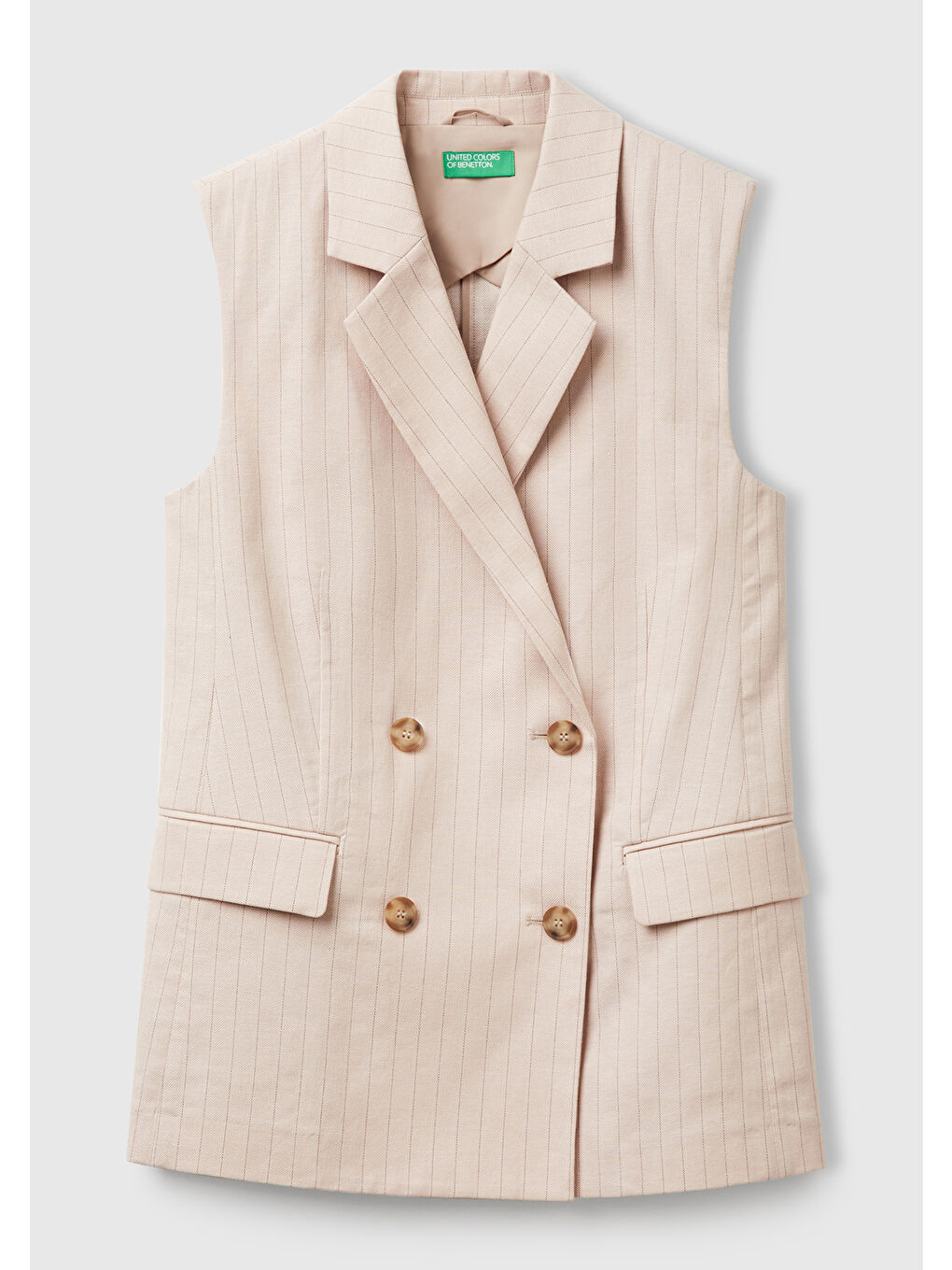 Kadın Bej Pamuk Ve Keten Karışımlı İnce Çizgili Cepli Kruvaze Yelek-1