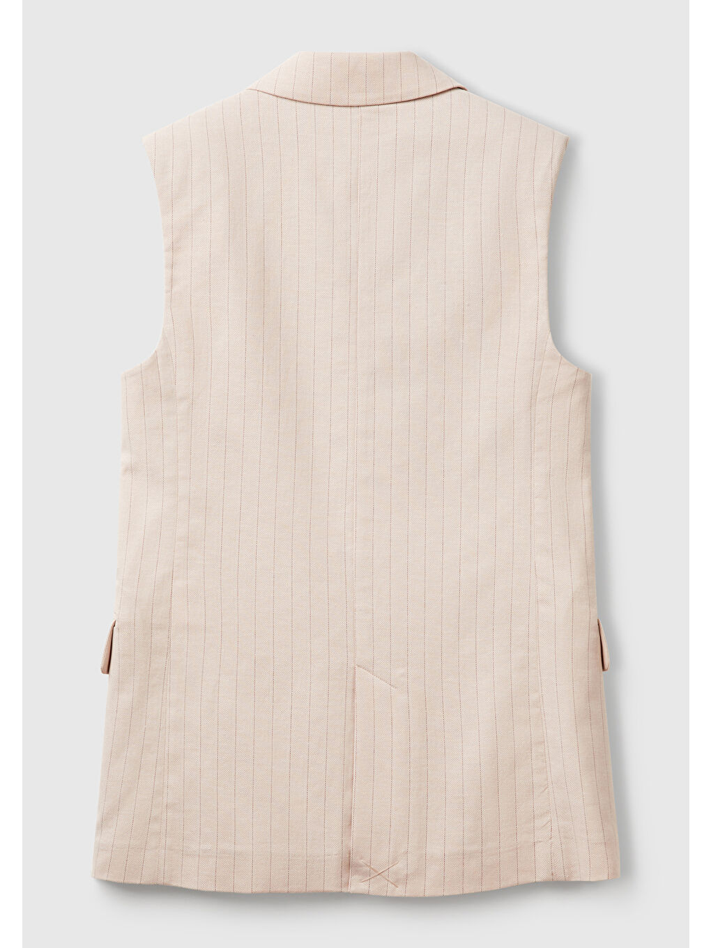 Kadın Bej Pamuk Ve Keten Karışımlı İnce Çizgili Cepli Kruvaze Yelek-3