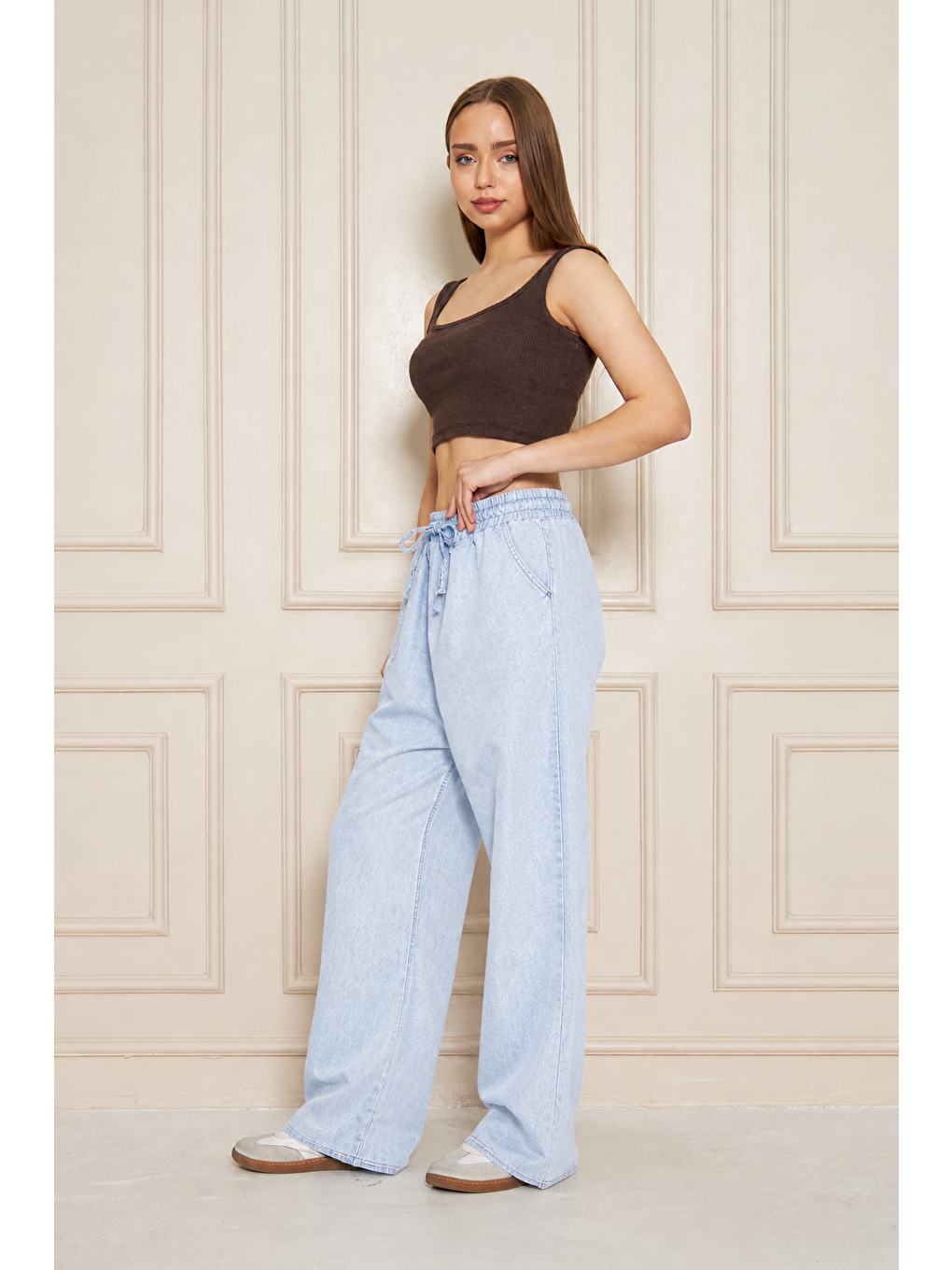 Kadın %100 Pamuklu Bol Paça B.Mavi Baggy Pantolon-2