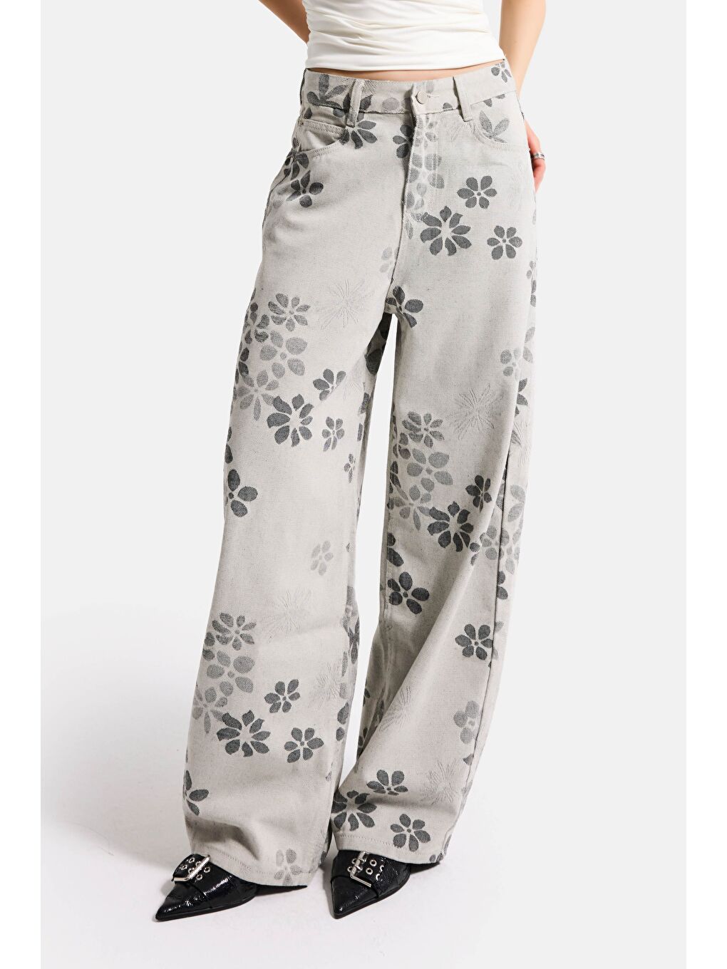 Mavi Kadın Gri Çiçekli w5 Özel Kumaş Tasarım Denim Jean