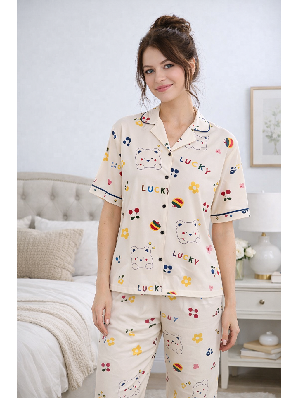 Ekru PREMIUM Kadın Viskon/Bambu Yüksek Kaliteli Gömlek Yaka Düğmeli Yumuşak Dokulu Pijama Takımı