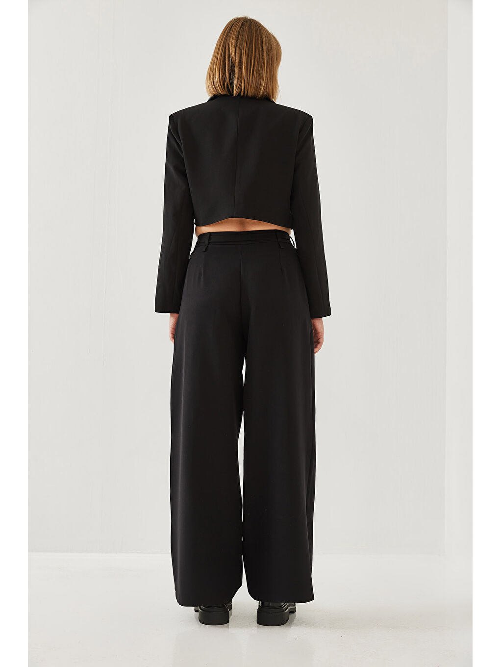 Siyah Kadın Crop Ceketli İkili Alt Üst Takım-3