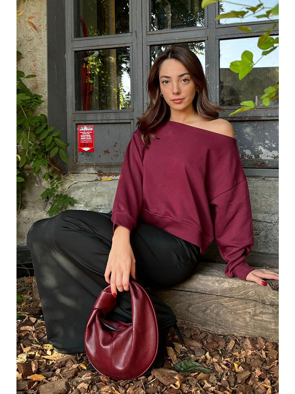 Bordo Kayık Yaka Kadın Sweatshirt Mg2208-2