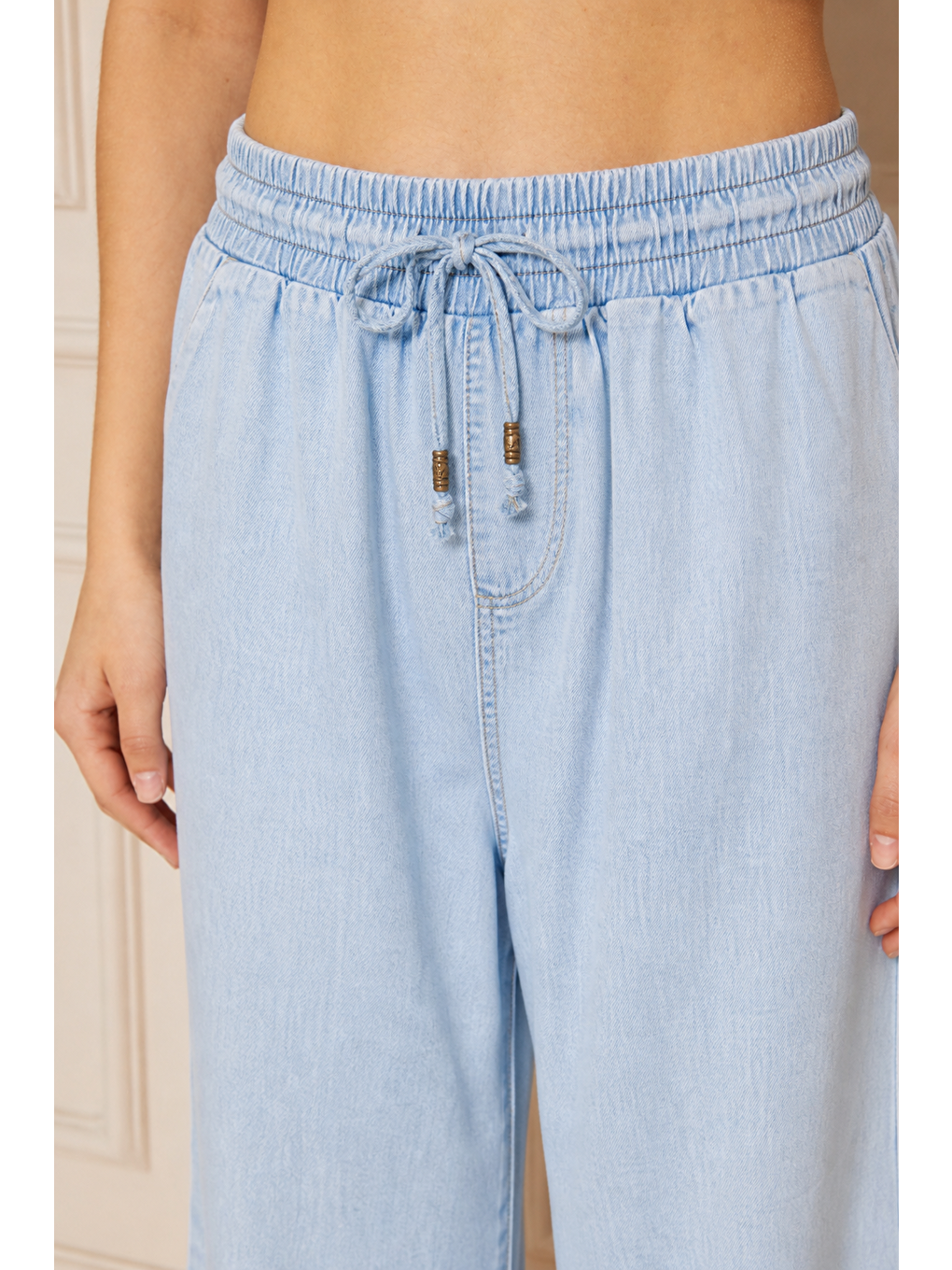 Kadın %100 Pamuklu Bol Paça B.Mavi Baggy Pantolon-3
