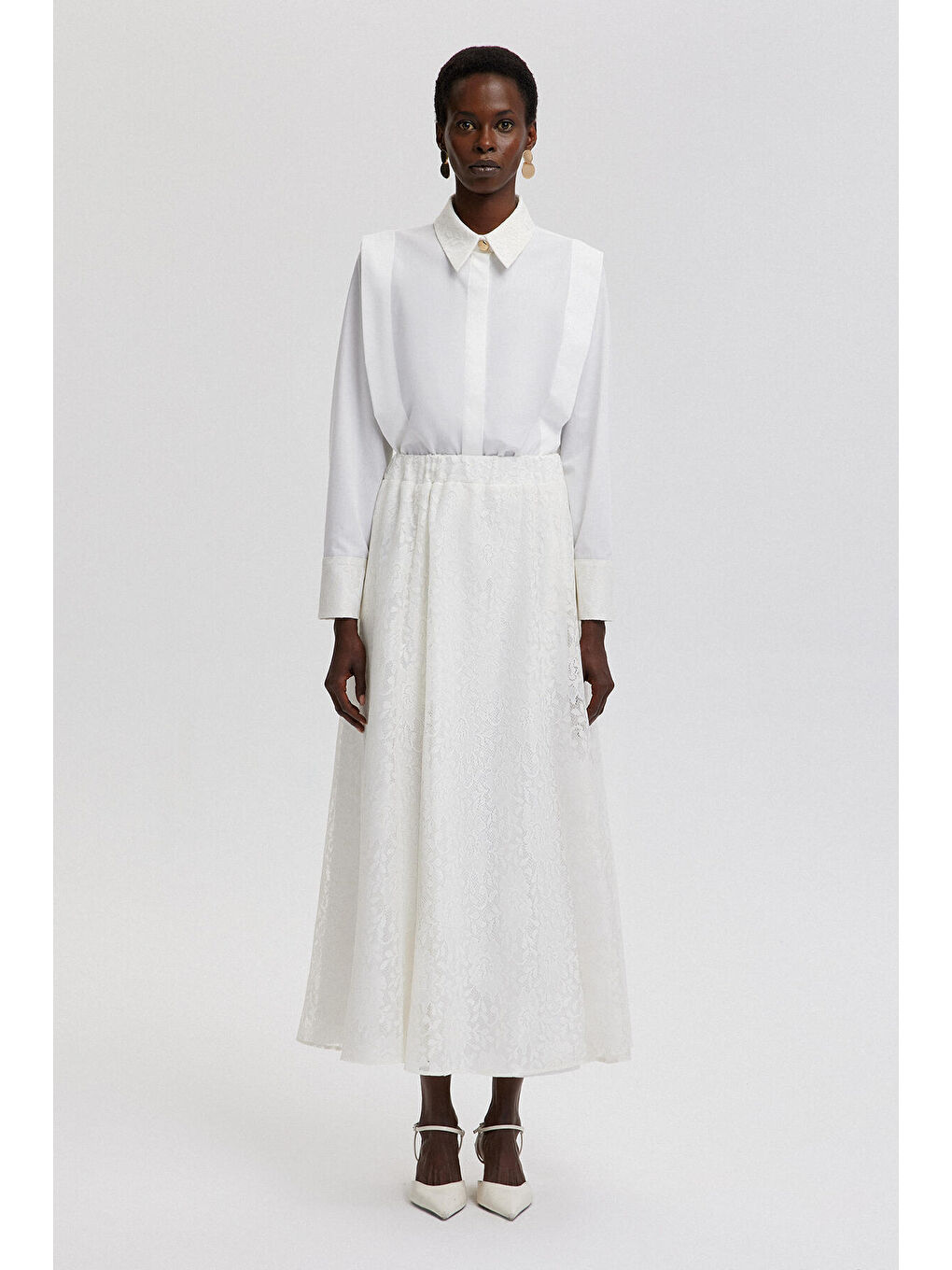 Beyaz Beli Lastikli Dantel Etek-1