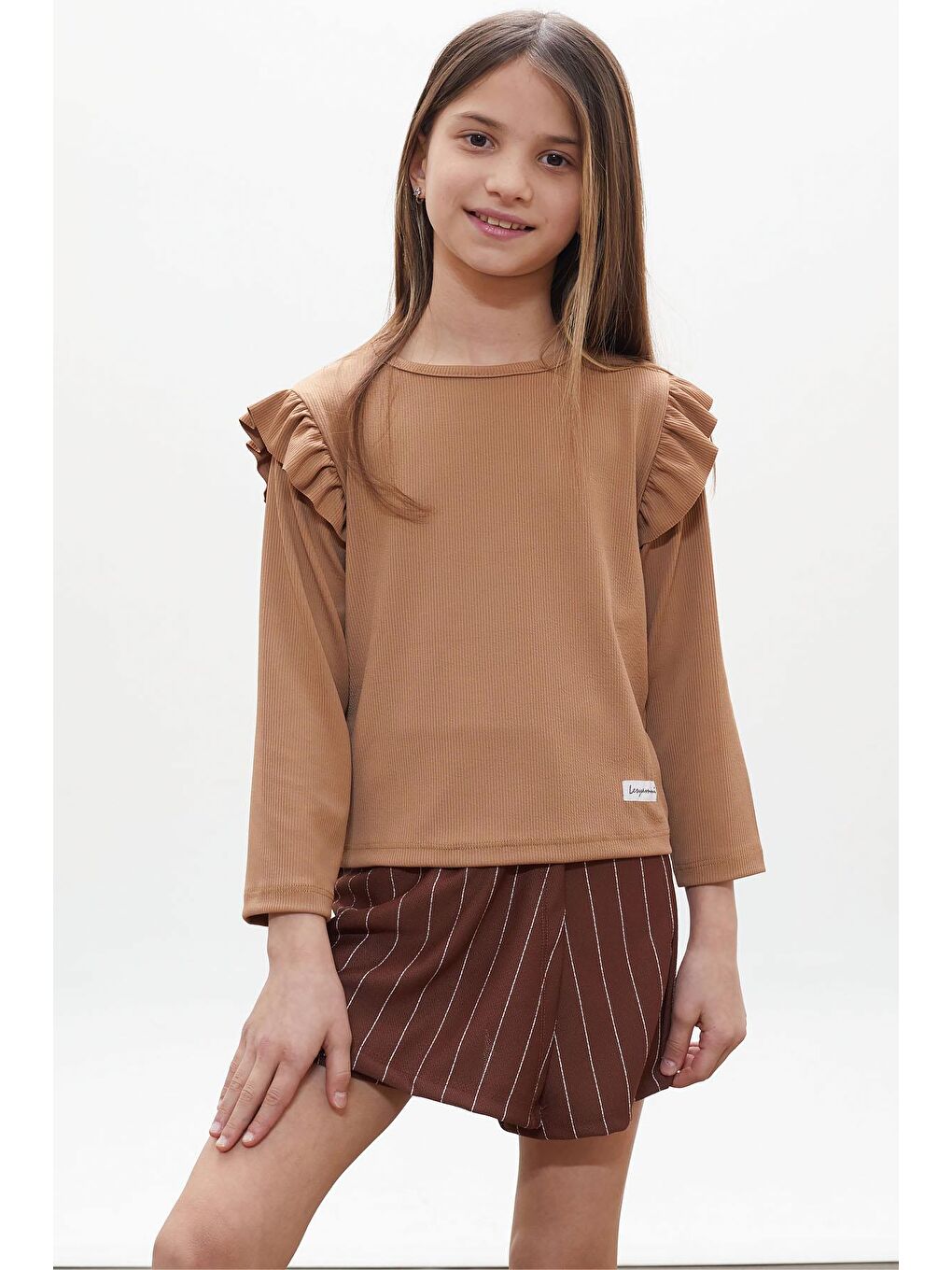 Kahverengi Çizgili Şort Etekli Volanlı Badili Kız Çocuk Takım 18272