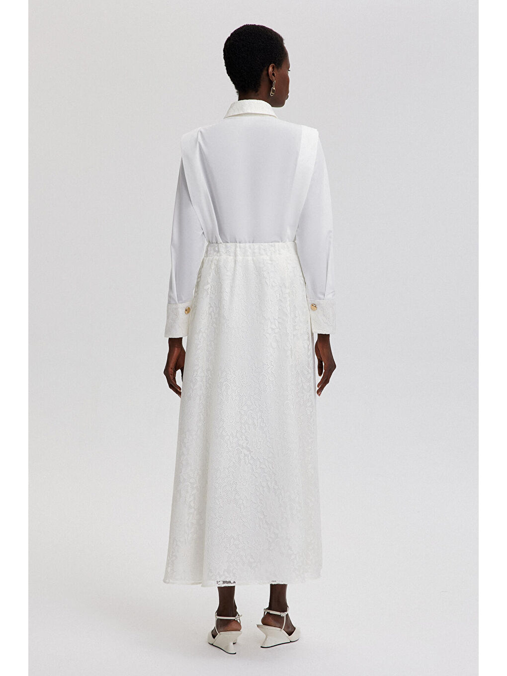 Beyaz Beli Lastikli Dantel Etek-4