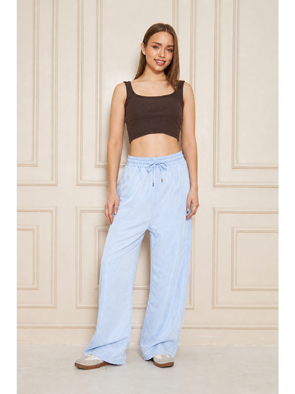 Kadın %100 Pamuklu Bol Paça B.Mavi Baggy Pantolon-4
